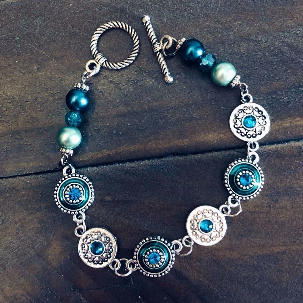 Teal Blue Silver Medallion Bracelet